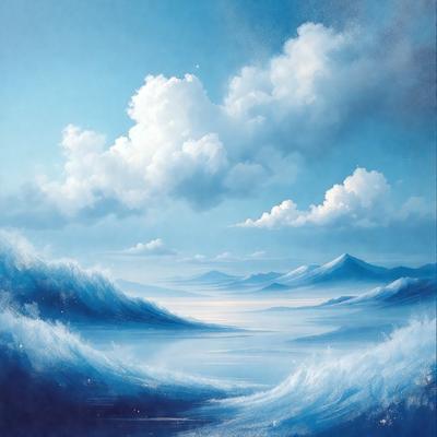 The primary subject of the image is a beautiful blue ocean with waves crashing. The setting is a vast expanse of water, with a cloudy blue sky serving as the backdrop. The visual style is a painting, which showcases the artist's skill in capturing the ocean's beauty and the dynamic nature of the waves. The colors and mood of the painting are serene and calming, with the blue ocean and the cloudy sky creating a peaceful atmosphere.